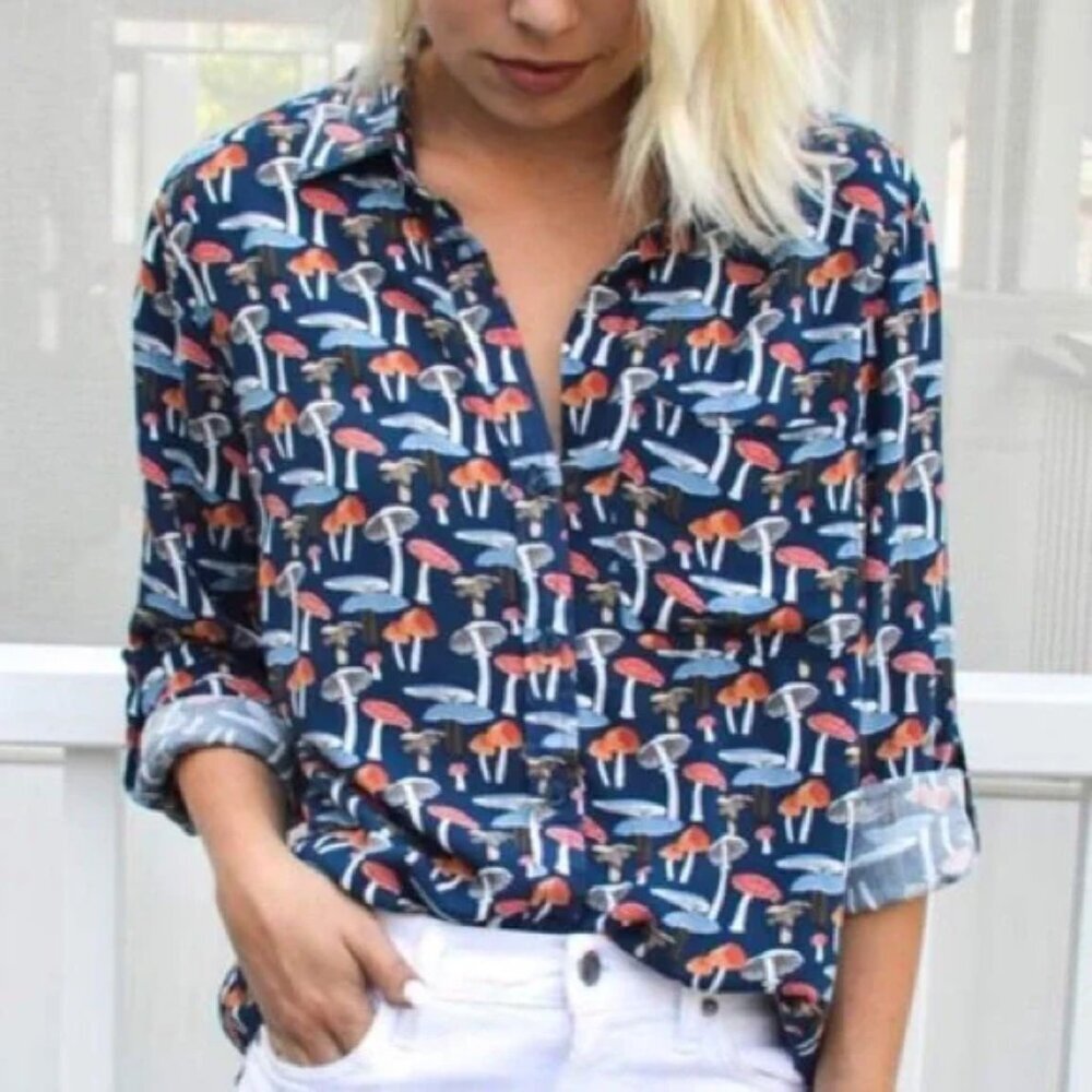 Velvet Heart Blouse Women's XL Blue Red Mushroom Print Long Sleeve Button Front